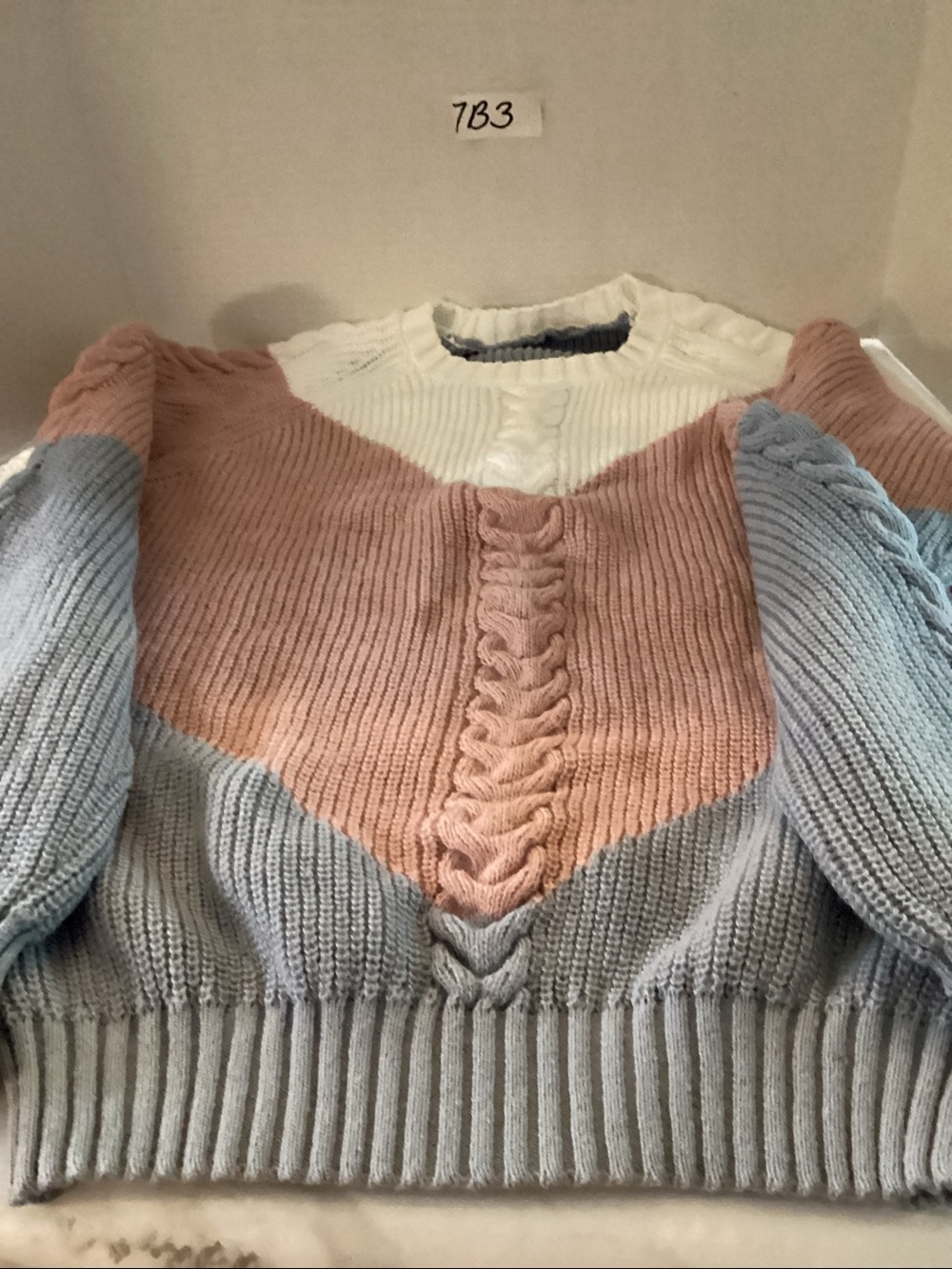 SHEIN Colorblock Cable Knit Sweater - Cream, Dusty Pink & Light Blue - Picture 3 of 4